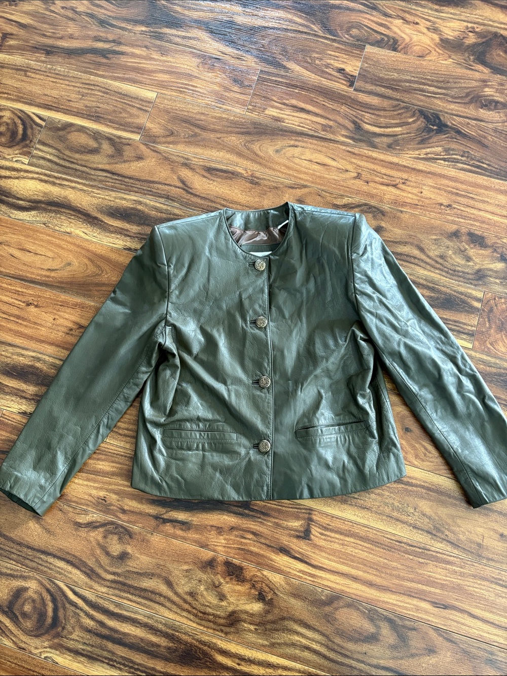 Women's Olive Green Button-Front 100% Leather Jacket